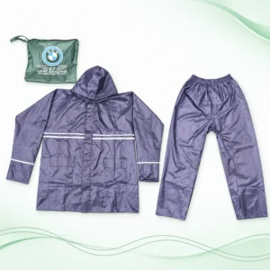 Slate purple BMW raincoat set with a hooded jacket, matching trousers and green BMW-logo carry pouch on a white and green wave background.