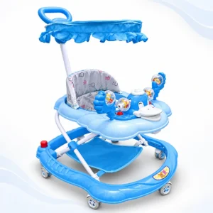 Premium baby walker with canopy, padded seat, activity tray, push handle, footrest and multi-wheel base.