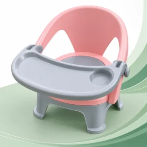 Pink and grey baby feeding chair with a wide tray, built-in cup holder and curved backrest on a green wave background.
