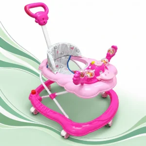 Shahera Mart baby walker with a printed padded seat, activity tray, rear push handle and wheeled base on a green wave background.